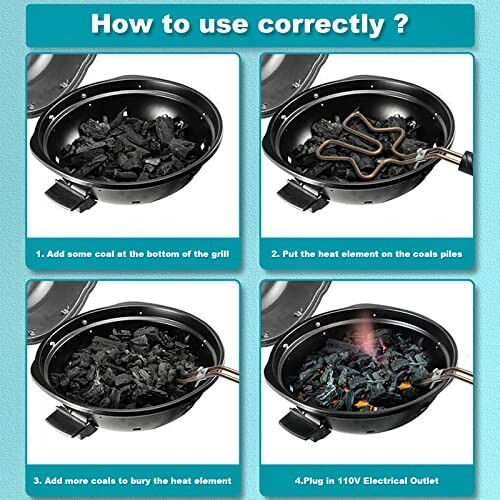 Steps to correctly use an electric grill with charcoal.
