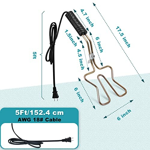 Electric immersion water heater with dimensions and cable length.