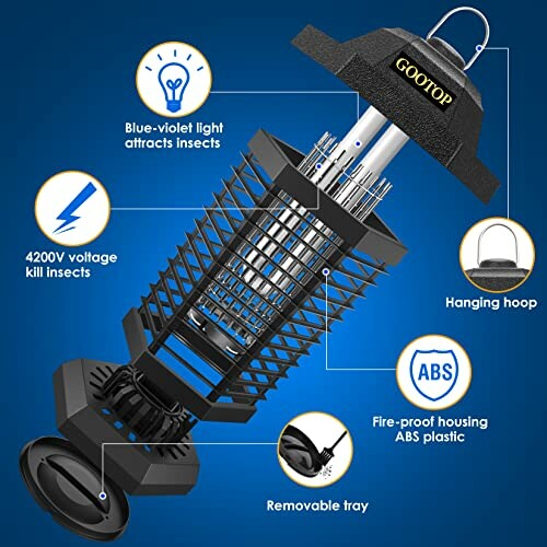 Electric insect killer with blue-violet light, 4200V voltage, hanging hoop, ABS housing, removable tray.