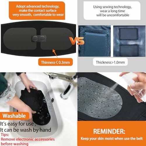 Comparison of two electronic accessories highlighting thickness, sewing technology, and washability.