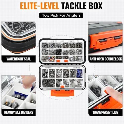 Tackle box with compartments, watertight seal, and dividers.