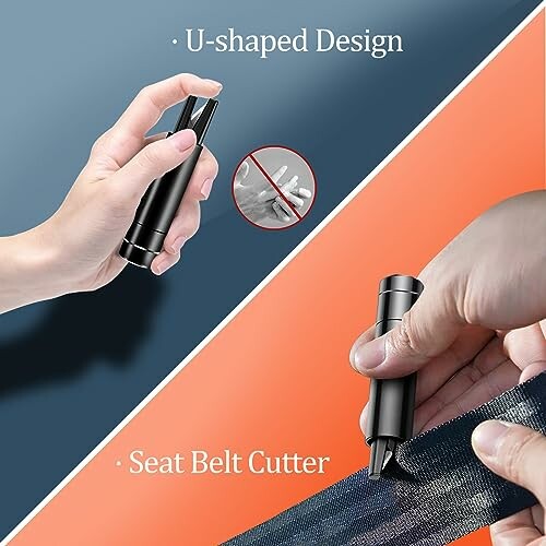 Hand-held seat belt cutter with U-shaped design.