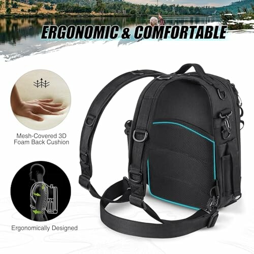 Ergonomic backpack with mesh-covered foam back cushion and ergonomic design.
