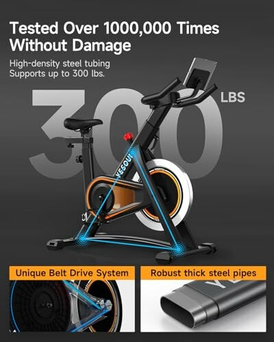 Exercise bike with high-density steel tubing and belt drive system, supports up to 300 lbs.