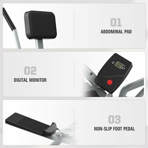 Abdominal pad, digital monitor, and non-slip foot pedal features of exercise equipment.