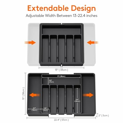 Extendable cutlery organizer with adjustable width between 13 and 22.4 inches.
