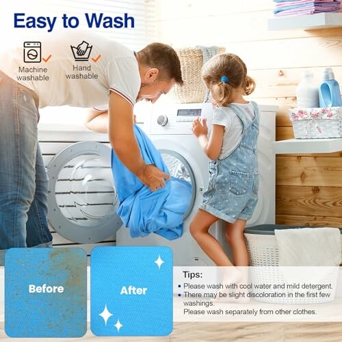 Father and daughter doing laundry with washing machine, easy to wash.