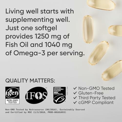 Fish oil supplement softgels with benefits and quality certifications.