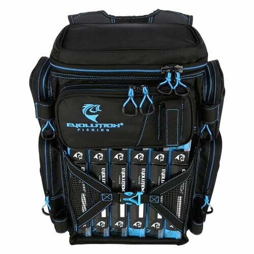 Black and blue fishing backpack with tackle storage compartments.