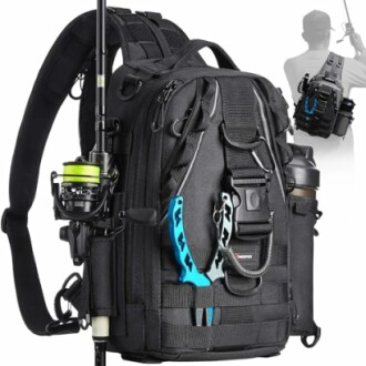 Fishing backpack with gear and rod holder.