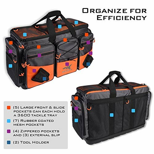 Fishing gear organizer bag with multiple pockets and compartments.