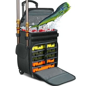 Rolling fishing tackle box with multiple compartments, fishing rods, and a fish jumping out.