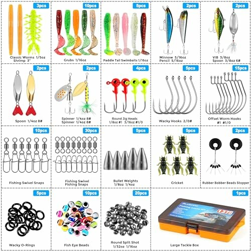 Various fishing lures and accessories arranged in a grid.