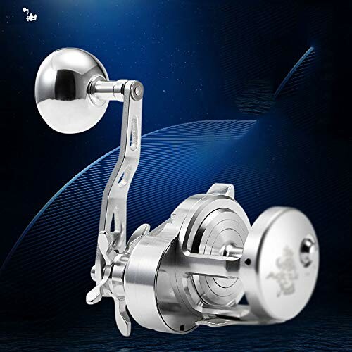 Metallic fishing reel on a dark blue background
