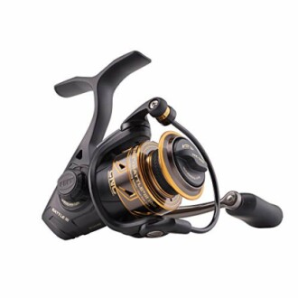 Black and gold spinning fishing reel.