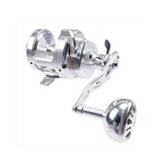 Silver fishing reel with a handle