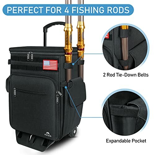 Fishing rod carrying bag with rod tie-down belts and expandable pocket.