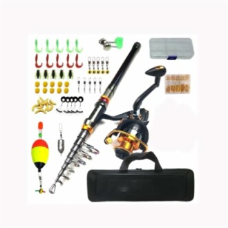Fishing rod kit with accessories including hooks, lures, and tackle box.