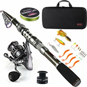 Telescopic fishing rod set with reel, line, lures, and carrying case.