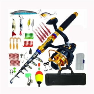 Fishing rod with reel and assorted lures and accessories.
