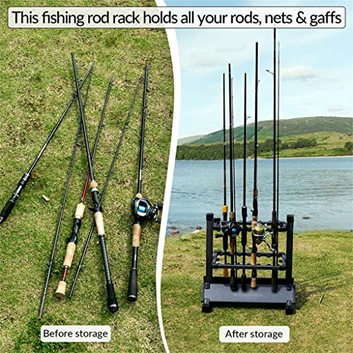 Comparison of fishing rods before and after storage in a rack by a lake.