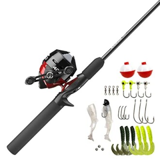 Fishing rod and reel set with tackle accessories.