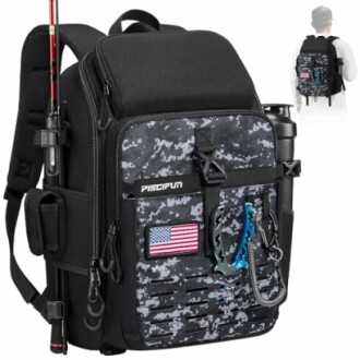 Camouflage fishing tackle backpack with multiple compartments and accessories.