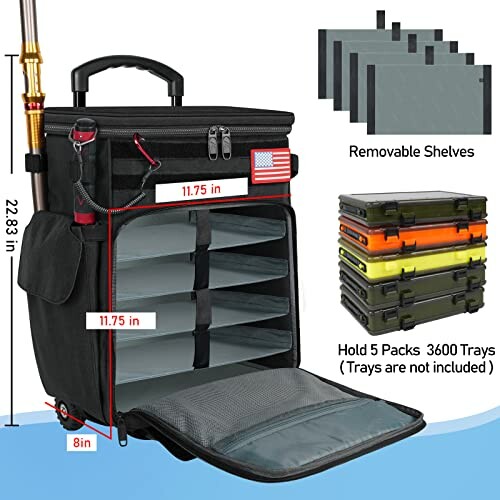 Fishing tackle bag with removable shelves and storage trays.