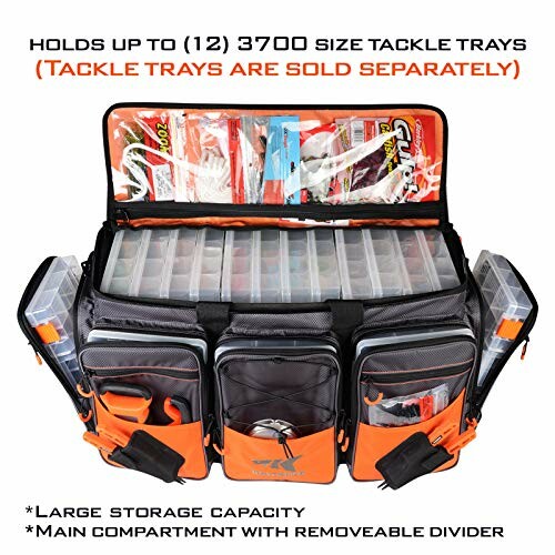 Fishing tackle bag with multiple compartments and tackle trays.