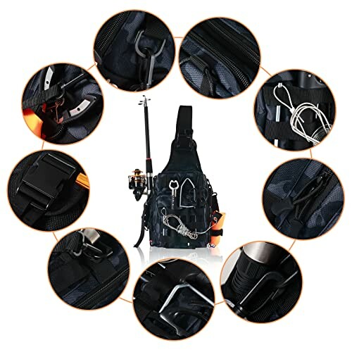 Fishing tackle bag with compartments and accessories.