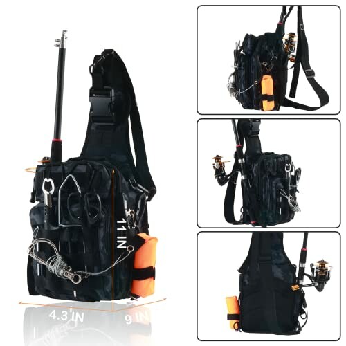 Fishing tackle bag with rod holder and tools.