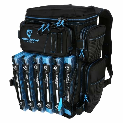 Fishing backpack with multiple tackle storage boxes and compartments.
