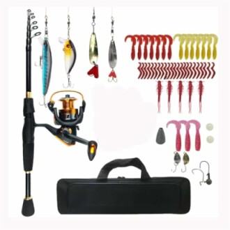 Fishing tackle kit with rod, reel, lures, and accessories.