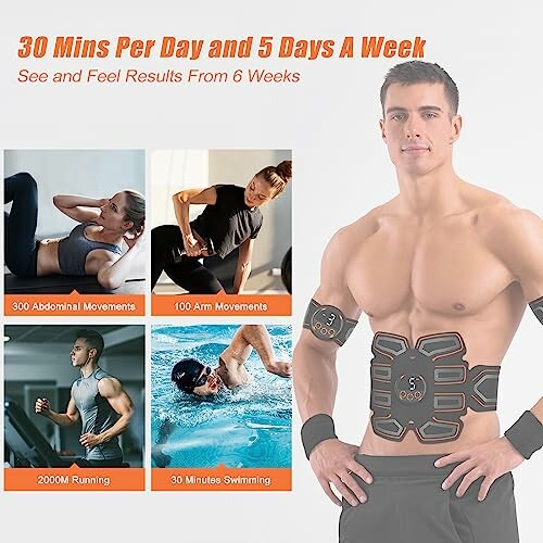 Man with fitness device, exercise routines, and workout schedule.