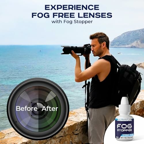 Man photographing with fog-free lenses by the sea