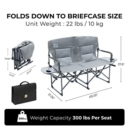 Foldable camping loveseat with dimensions and weight capacity details.