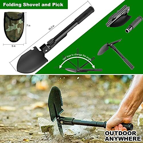 Collapsible shovel and pick tool for outdoor use, includes carrying case.