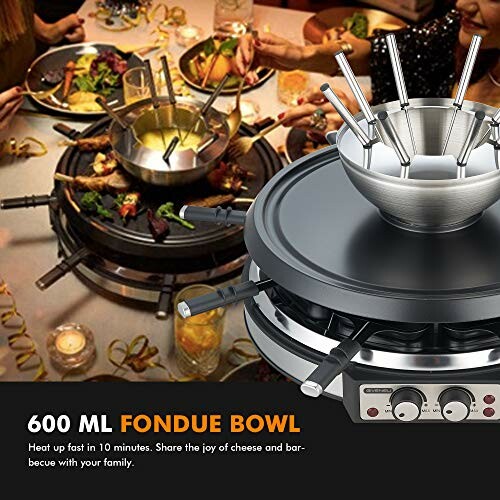 Fondue set with multiple forks, people enjoying fondue.