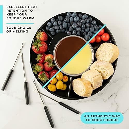 Fondue set with chocolate and cheese, surrounded by strawberries, blueberries, tomatoes, and bread slices.