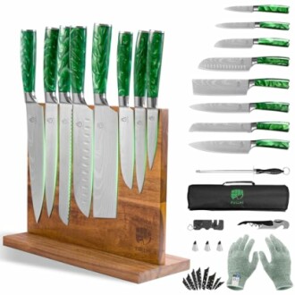 Green-handled kitchen knife set with wooden block and accessories