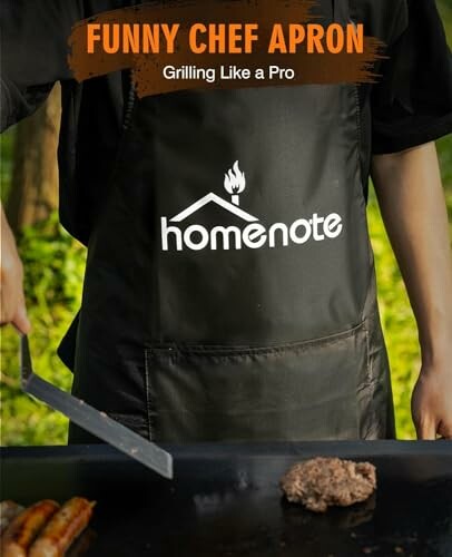 Person wearing a black apron with 'homenote' logo, grilling food.