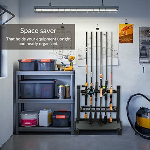 Organized garage storage with shelves and fishing rods.