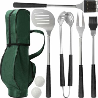 BBQ tool set with golf bag case and golf balls.