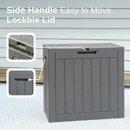 Gray storage box with side handle and lockable lid.