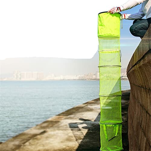 Person holding a green collapsible drying rack by a waterfront.