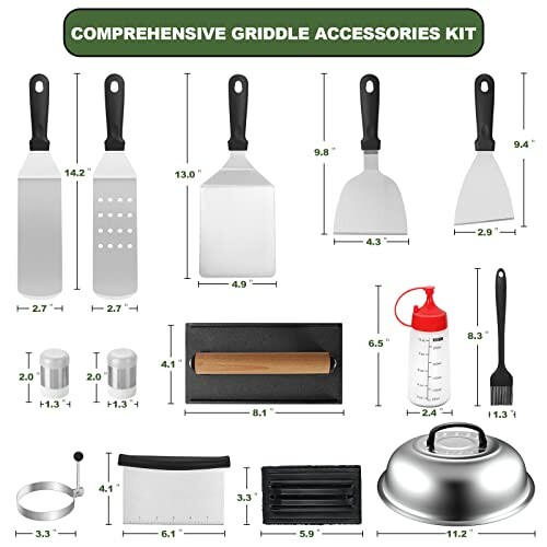 Comprehensive griddle accessories kit with various tools.