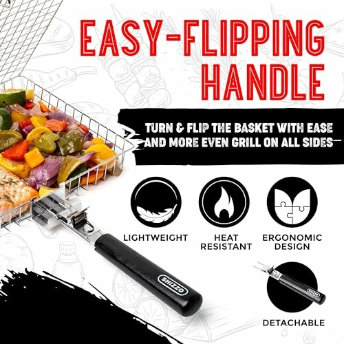 Grill basket with easy-flipping handle, lightweight, heat resistant, ergonomic, detachable.