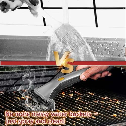 Comparison of traditional water cleaning vs. grill cleaning tool.