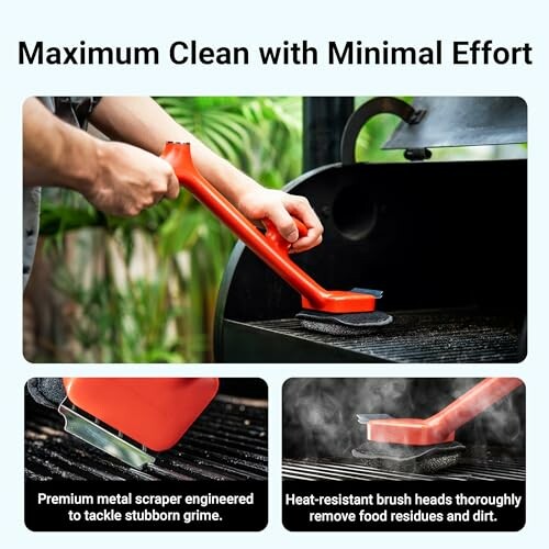 Person using a grill cleaning tool with metal scraper and heat-resistant brush heads.