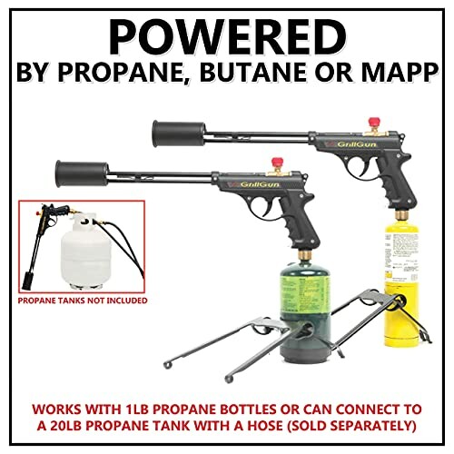 Grill gun powered by propane, butane, or MAPP gas.